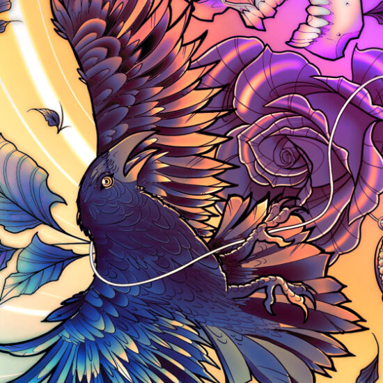 Neo Trad Crow and Skull Tattoo Design Available