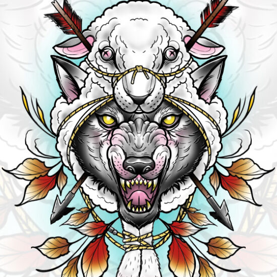 Neo Trad Wolf in Sheeps Clothing Tattoo Design Available